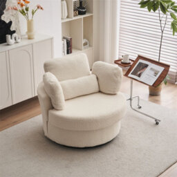 Abrihome Teddy Swivel Armchair With 3 Back Cushion Pillow Ottoman Crescent Stool, White - thumbnail 9