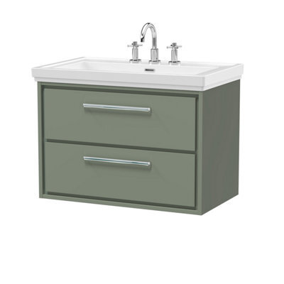 Balterley Longnor Modern Bathroom Wall Hung 2-Drawer Vanity Unit With Fireclay Basin, Fern Green, 800mm - image 1