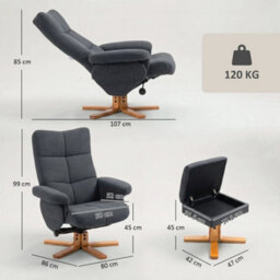 Linen Recliner Chair With Ottoman Footrest Storage Space Grey - thumbnail 2