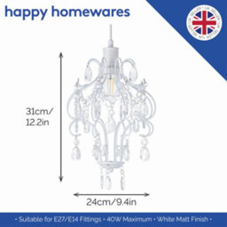 Happy Homewares Matt White Shabby Chic Chandelier Style Pendant Ceiling Lamp Shade With Acrylic - thumbnail 6