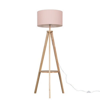 Valuelights Morrigan Natural Wood Shelf Tripod Floor Lamp With Blush Drum Shade - image 1