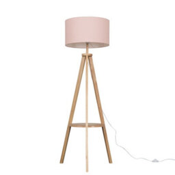 Valuelights Morrigan Natural Wood Shelf Tripod Floor Lamp With Blush Drum Shade - thumbnail 1