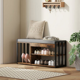 Wyld Haus Soli Rustic Brown Shoe Bench With Grey Padded Seat And 3 Shelves, L90 X D30 X H45Cm - thumbnail 3