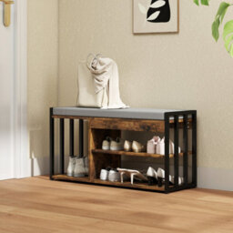 Wyld Haus Soli Rustic Brown Shoe Bench With Grey Padded Seat And 3 Shelves, L90 X D30 X H45Cm - thumbnail 7