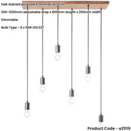 Loops Hanging Ceiling Pendant Light - Oak Stained Plywood & Anthracite Finish - 6 X 10W Led E27 - thumbnail 2