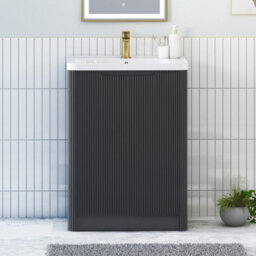 Royal Bathrooms Avenza 600mm Fluted Floor Standing Vanity Unit Matt Obsidian Black 2 Door Storage Cabinet With Ceramic Basin - thumbnail 1