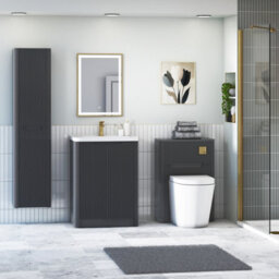 Royal Bathrooms Avenza 600mm Fluted Floor Standing Vanity Unit Matt Obsidian Black 2 Door Storage Cabinet With Ceramic Basin - thumbnail 2