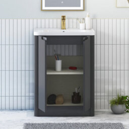 Royal Bathrooms Avenza 600mm Fluted Floor Standing Vanity Unit Matt Obsidian Black 2 Door Storage Cabinet With Ceramic Basin - thumbnail 5
