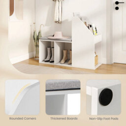 Shoe Storage Bench Entryway Bench 3-Tier Rack W/ Cushion-White - thumbnail 3