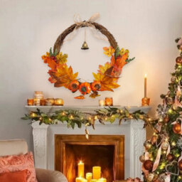 Living And Home Artificial Pumpkin Maple Leaves Hanging Wreath With Led Lights For Thanksgiving Harvest Festival 40Cm - thumbnail 3