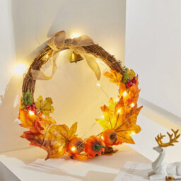 Living And Home Artificial Pumpkin Maple Leaves Hanging Wreath With Led Lights For Thanksgiving Harvest Festival 40Cm - thumbnail 1