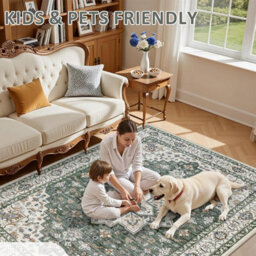 5X7 Area Rugs Living Room Washable Rug For Bedroom Green Ivory Boho No Slip Stain Resistant Rug Soft Indoor Decor Floor Floral - thumbnail 7