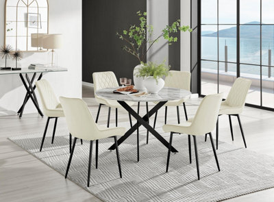 Furniturebox Uk Novara White Marble Black Leg 120Cm Round Dining Table & 6 Cream Pesaro Black Leg Chairs - image 1
