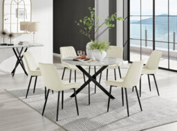 Furniturebox Uk Novara White Marble Black Leg 120Cm Round Dining Table & 6 Cream Pesaro Black Leg Chairs