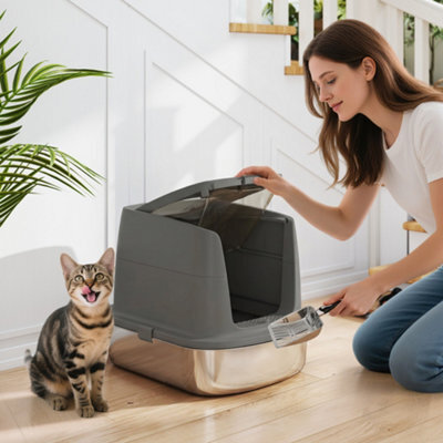 Pawhut Stainless Steel Litter Box, Enclosed Metal Cat Litter Tray With Scoop - image 1