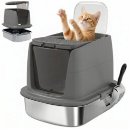 Pawhut Stainless Steel Litter Box, Enclosed Metal Cat Litter Tray With Scoop - thumbnail 2