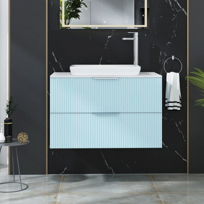 Royal Bathrooms Evora 800mm Powder Blue Fluted Wall Hung Countertop Vanity Unit 2 Drawer With Qubix Basin - image 1