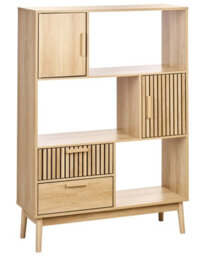 Wyld and Coco Scandihome Bookcase In Light Brown Mdf With Pine Accents, 2 Drawers And 2 Closed Compartments, W100 X D35 X H140Cm - thumbnail 3