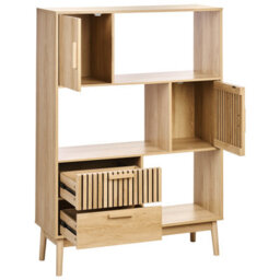 Wyld and Coco Scandihome Bookcase In Light Brown Mdf With Pine Accents, 2 Drawers And 2 Closed Compartments, W100 X D35 X H140Cm - thumbnail 7