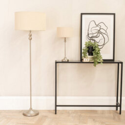 Valuelights Maggie Brushed Chrome Candlestick Slim Table Lamp With Natural Fabric Drum Lamp Shade - thumbnail 3