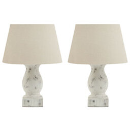 Dibor Set Of 2 French Country Distressed Effect Ceramic Pillar Vase Table Lamp With Linen Shade Bedside Table Lamp - thumbnail 1
