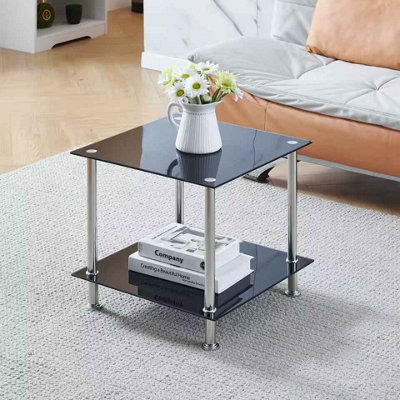 2-Tier Square Black Glass Side Table Coffee Table With Stainless Steel Legs - image 1