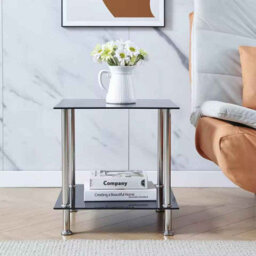 2-Tier Square Black Glass Side Table Coffee Table With Stainless Steel Legs - thumbnail 3