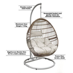 Dellonda Rattan Outdoor Garden Hanging Swing Egg Chair & Cushions, Steel Frame - thumbnail 9