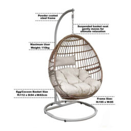 Dellonda Rattan Outdoor Garden Hanging Swing Egg Chair & Cushions, Steel Frame - thumbnail 3