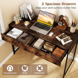 Costway Computer Desk 111 X 48 Cm Compact Writing Desk With 2 Drawers-Brown - thumbnail 6