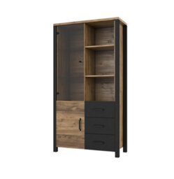 Arte Olin 13 Display Cabinet With Glass Doors In Appenzeller Fichte Oak & Black Matt - W1010mm X H1910mm X D430mm