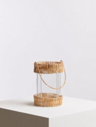 Orsina Natural Rattan Large Lantern, Rustic And Stylish Glass Lantern, White Metal And Clear Glass Candle Lantern - thumbnail 5