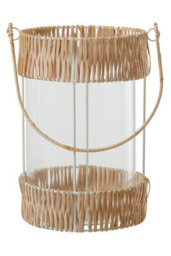 Orsina Natural Rattan Large Lantern, Rustic And Stylish Glass Lantern, White Metal And Clear Glass Candle Lantern - thumbnail 4