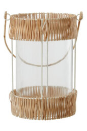Orsina Natural Rattan Large Lantern, Rustic And Stylish Glass Lantern, White Metal And Clear Glass Candle Lantern