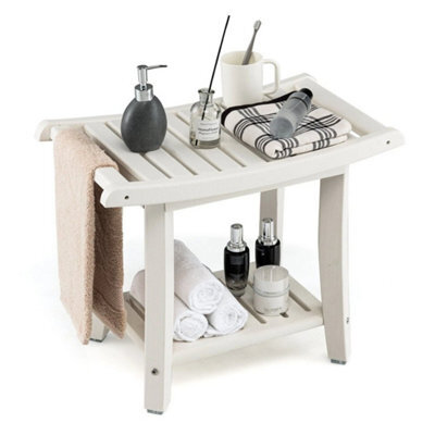 Bench Stool Bathroom Seat 2 Tier Storage Shelf Foot Rest White Corner Shower - image 1