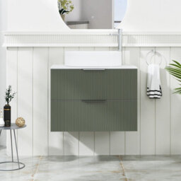 Royal Bathrooms Evora 700mm Sage Green Fluted Wall Hung Countertop Vanity Unit 2 Drawer With Lyon Basin - thumbnail 1