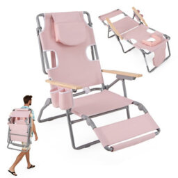 Gainoom 3-In-1 Foldable Beige Beach Chair Portable Reclining Lounger W/ Portable Reclining Lounger - thumbnail 1