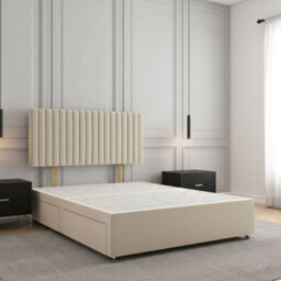 REGIONAL FURNISHINGS Divan Bed Set Cream Plush Velvet Upholstered With 24Inch Headboard & 2Drawers Sameside & No Mattress In 3Ft 4Ft 4Ft6 5Ft 6Ft