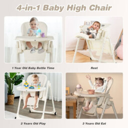 Costway 4-In-1 Baby High Chair Foldable Feeding Chair W/ Footrest-Beige - thumbnail 5