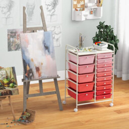 Costway 15-Drawer Storage Trolley Mobile Organiser Shelving Unit Utility Cart Gradient Pink - thumbnail 4