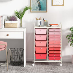 Costway 15-Drawer Storage Trolley Mobile Organiser Shelving Unit Utility Cart Gradient Pink - thumbnail 3