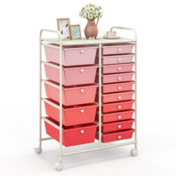 Costway 15-Drawer Storage Trolley Mobile Organiser Shelving Unit Utility Cart Gradient Pink