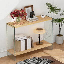Artloge 100Cm Narrow Clear Glass Console Table Entryway Hallway Living Room With Storage Shelf - thumbnail 1