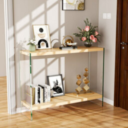 Artloge 100Cm Narrow Clear Glass Console Table Entryway Hallway Living Room With Storage Shelf - thumbnail 6