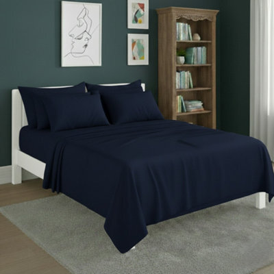 Plain Poly Cotton Easy Care Fitted Flat Sheet Matching Pillowcases Set Navy - image 1