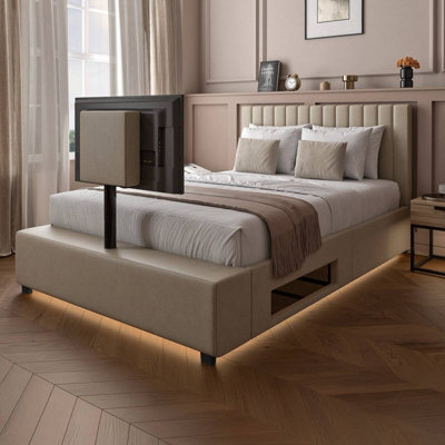 X Rocker Xr Living Maisie Velvet Ottoman Tv Bed With Under Frame Led Lights - King - Natural Stone - image 1
