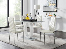Furniturebox Giovani Rectangular 4 Seat White High Gloss Unique Halo Dining Table Grey Glass Top 4 White Faux Leather Silver Leg Milan Chairs