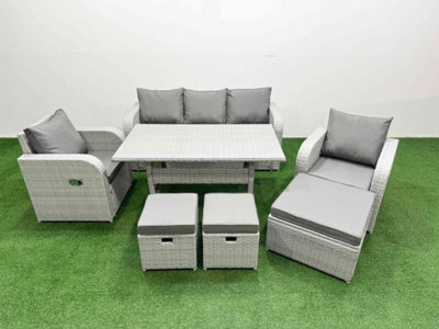 Fimous Pe Rattan Garden Furniture Set Reclining Chair Sofa Lounge Sofa Set Rectangular Dining Table 3 Stools Light Grey - image 1