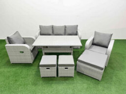Fimous Pe Rattan Garden Furniture Set Reclining Chair Sofa Lounge Sofa Set Rectangular Dining Table 3 Stools Light Grey - thumbnail 1