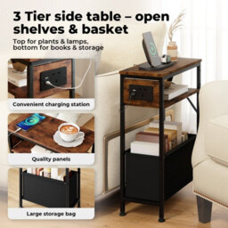 Levede Slim Side Table With Charging Station Storage Narrow End Table Sofa - thumbnail 6